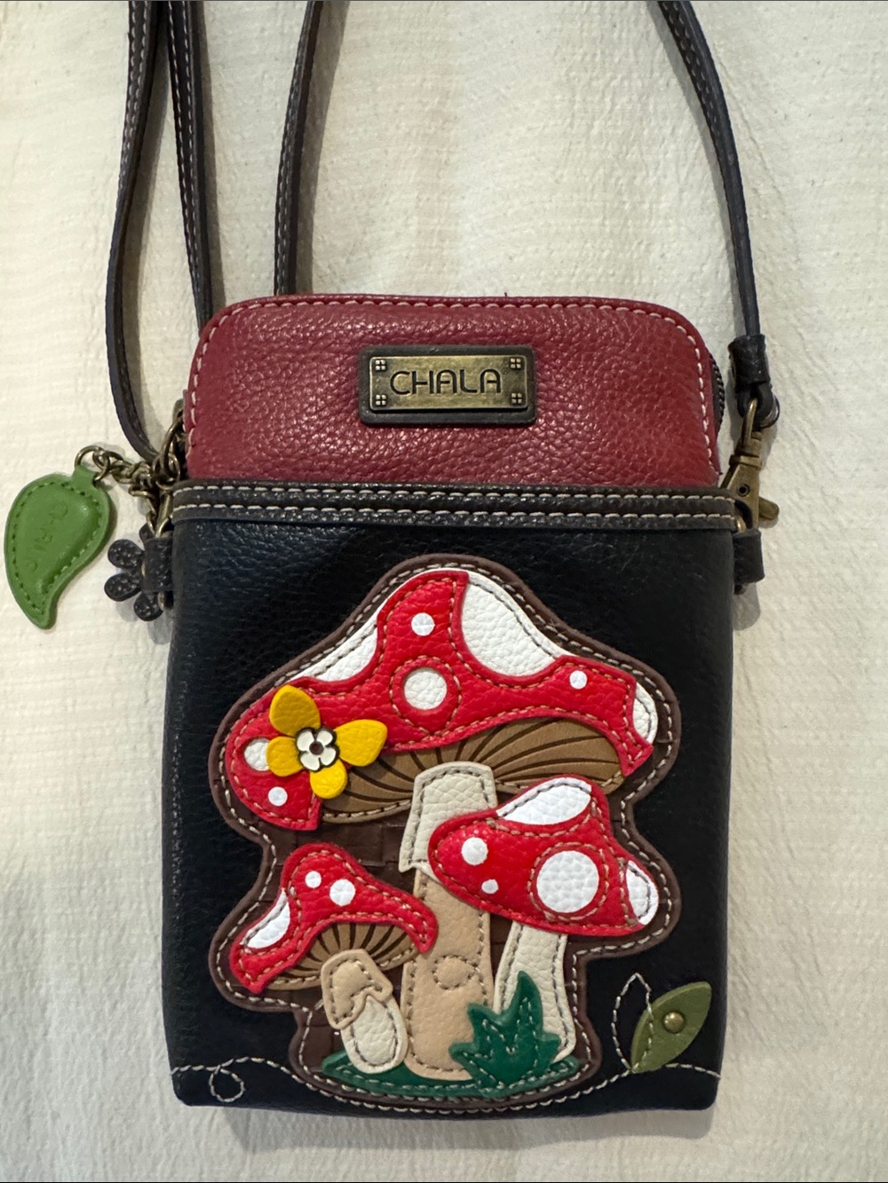 Chala Black & Burgundy Crossbody with Red Mushroom Appliqué